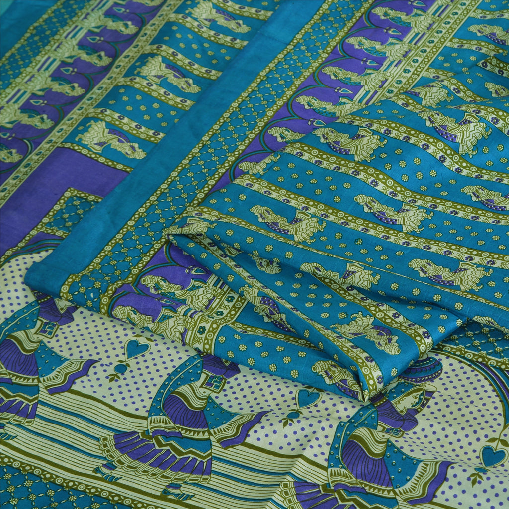 Sanskriti Vintage Sarees Indian Blue Pure Silk Women Printed Sari Craft Sustainable Fabric