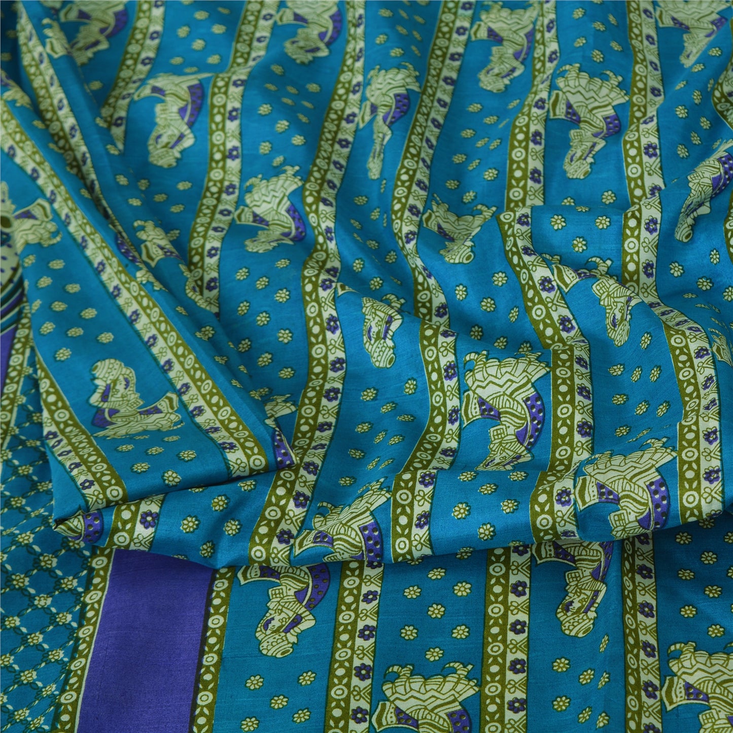 Sanskriti Vintage Sarees Indian Blue Pure Silk Women Printed Sari Craft Sustainable Fabric