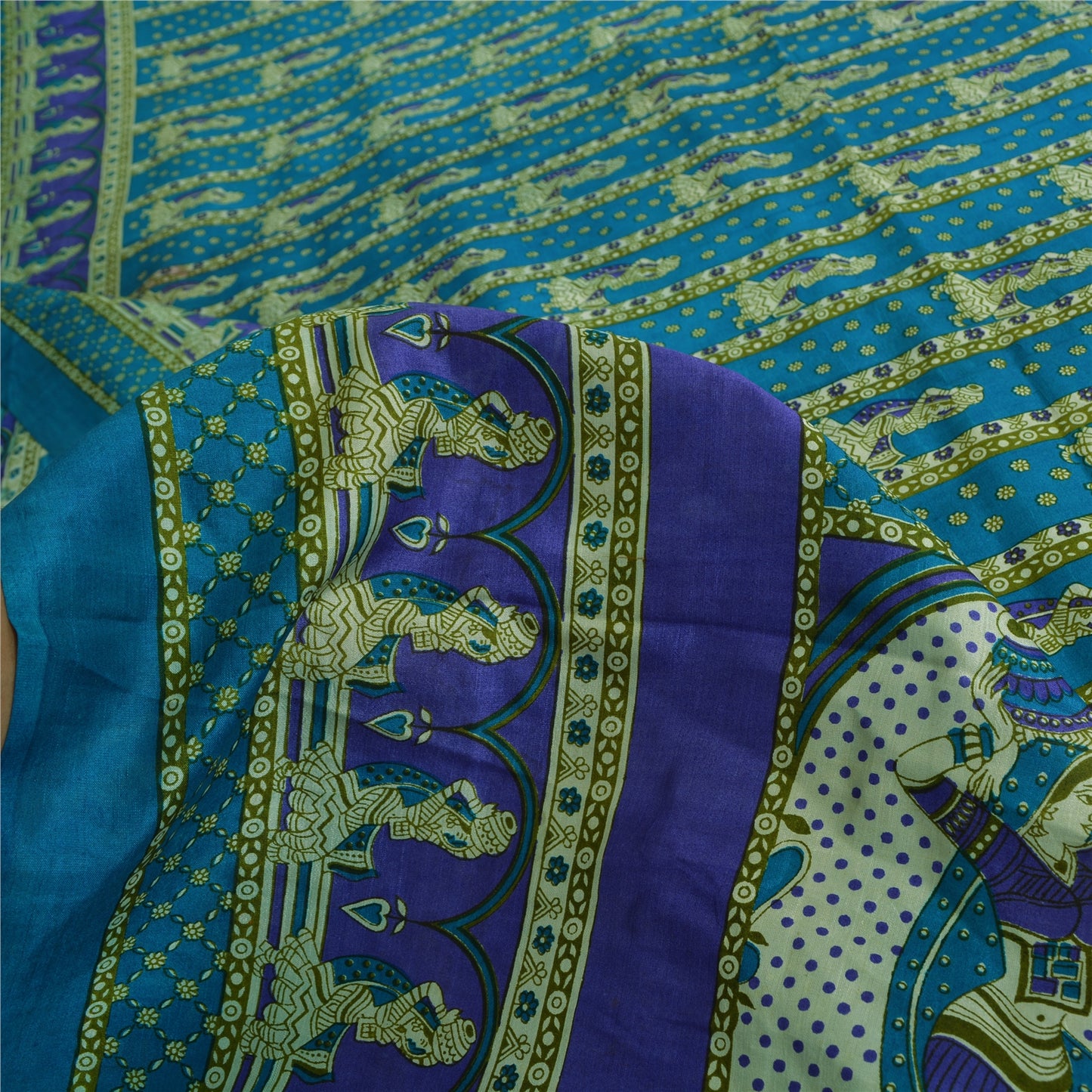 Sanskriti Vintage Sarees Indian Blue Pure Silk Women Printed Sari Craft Sustainable Fabric