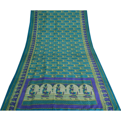 Sanskriti Vintage Sarees Indian Blue Pure Silk Women Printed Sari Craft Sustainable Fabric