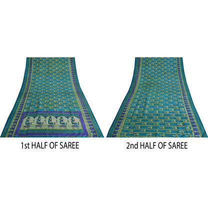 Sanskriti Vintage Sarees Indian Blue Pure Silk Women Printed Sari Craft Sustainable Fabric