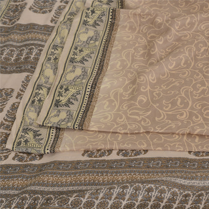 Санскритские винтажные сари светло-коричневые 100% чистый шелк напечатанное сари 5 ярдов ремесленная устойчивая ткань