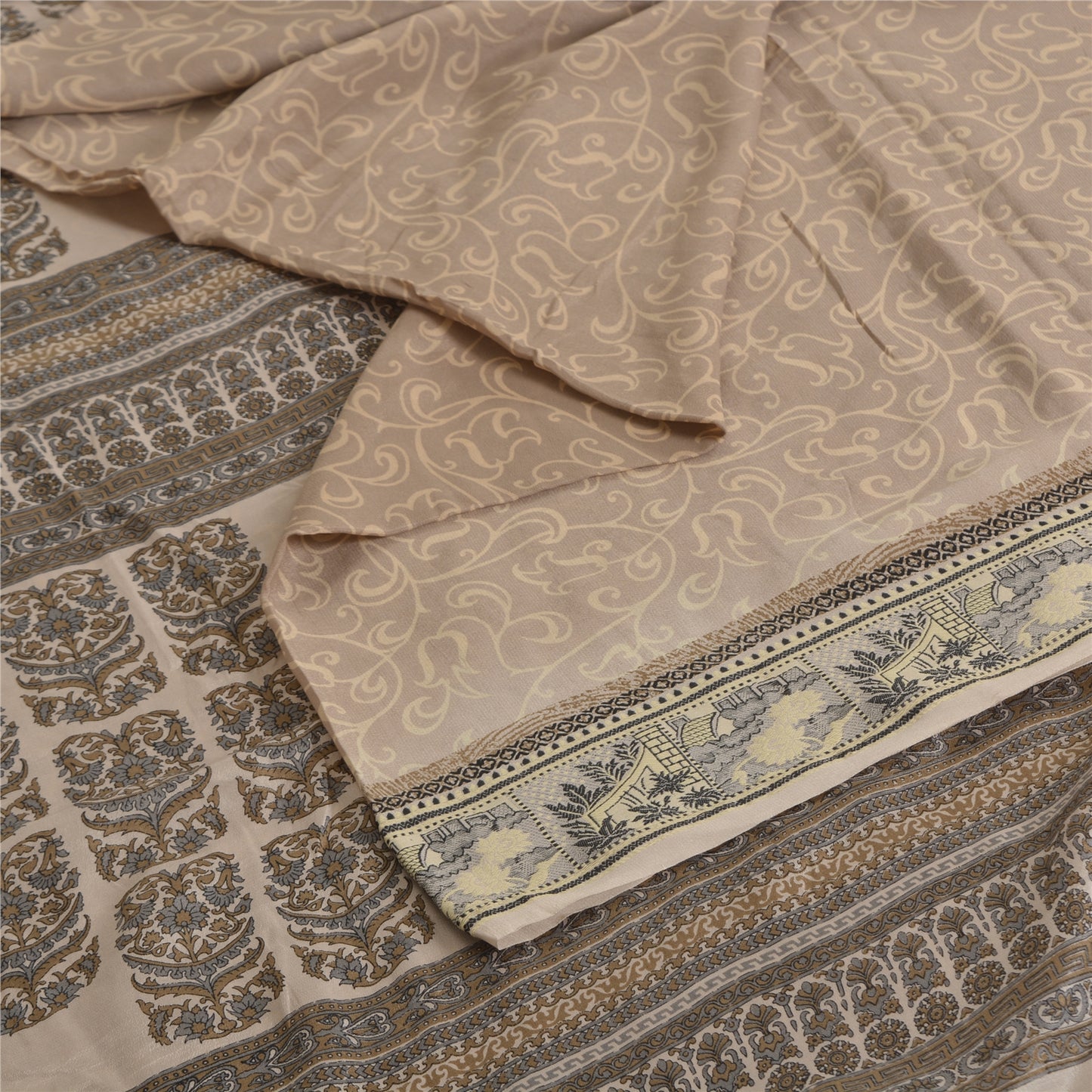 Санскритские винтажные сари светло-коричневые 100% чистый шелк напечатанное сари 5 ярдов ремесленная устойчивая ткань