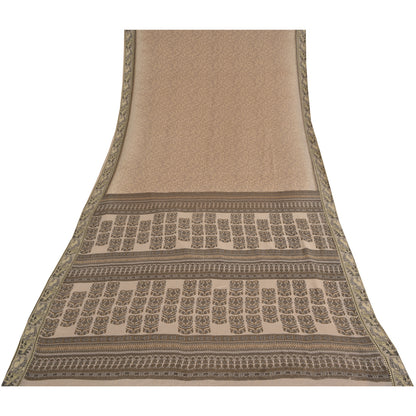 Санскритские винтажные сари светло-коричневые 100% чистый шелк напечатанное сари 5 ярдов ремесленная устойчивая ткань