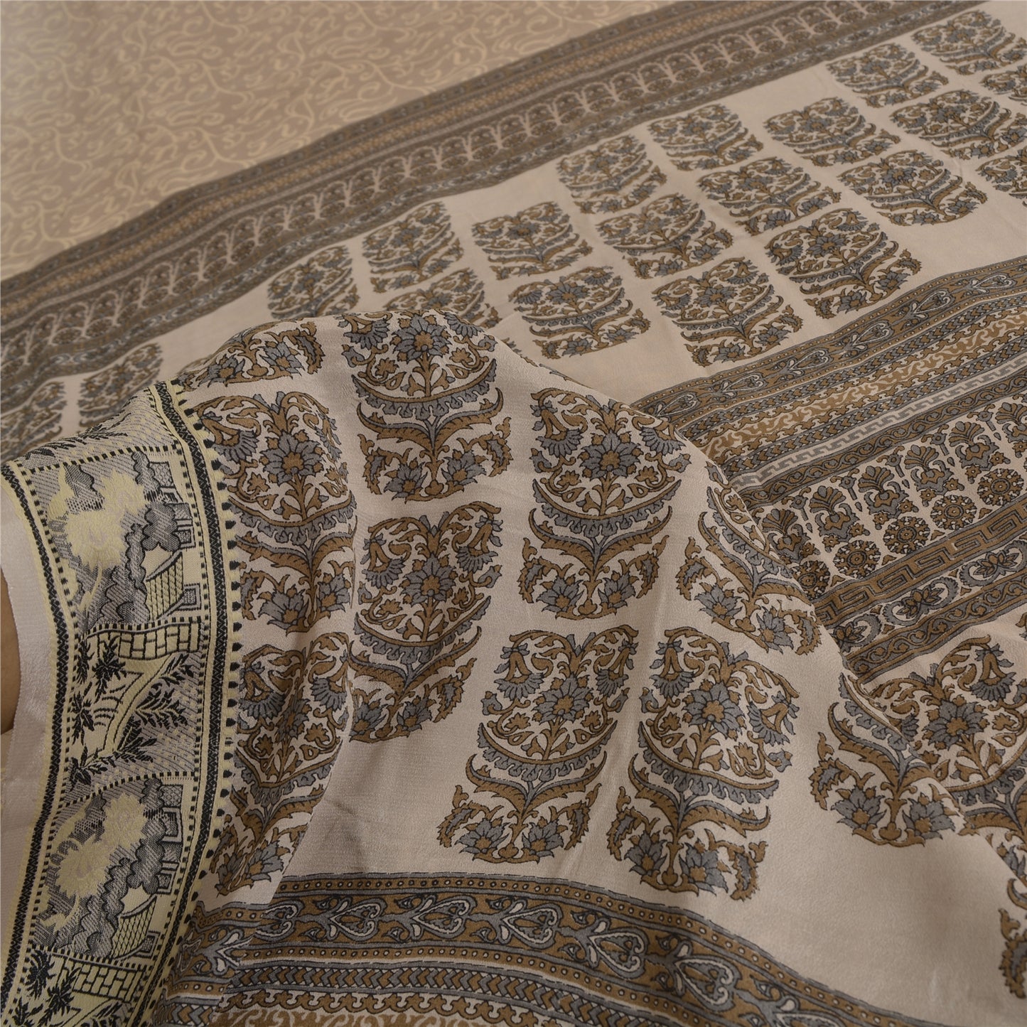 Санскритские винтажные сари светло-коричневые 100% чистый шелк напечатанное сари 5 ярдов ремесленная устойчивая ткань