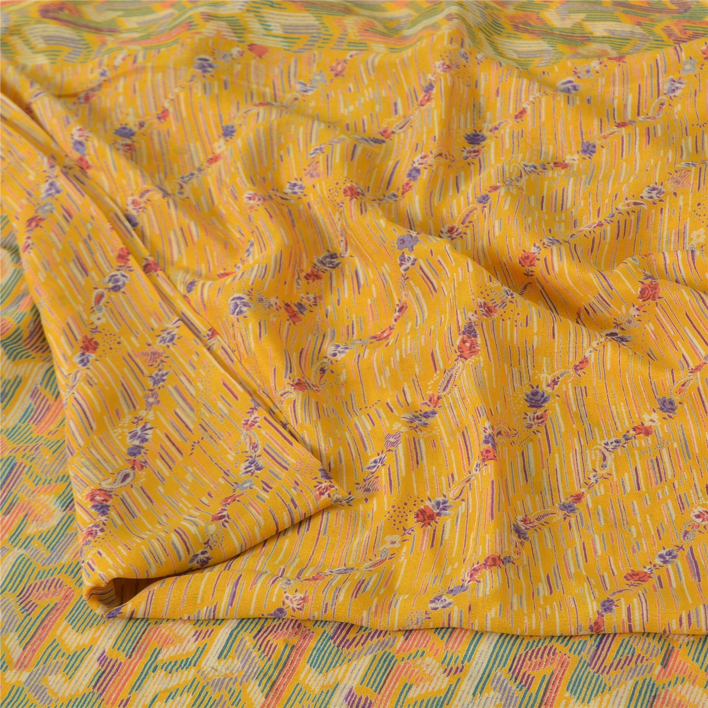 Sanskriti Vintage Sarees Yellow Indian Pure Silk Printed Sari 5yd Craft Sustainable Fabric