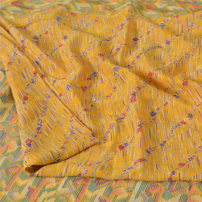 Sanskriti Vintage Sarees Yellow Indian Pure Silk Printed Sari 5yd Craft Sustainable Fabric