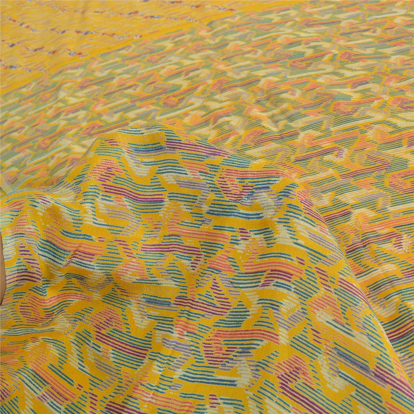 Sanskriti Vintage Sarees Yellow Indian Pure Silk Printed Sari 5yd Craft Sustainable Fabric