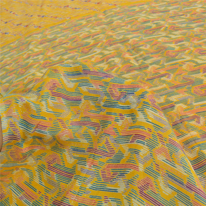Sanskriti Vintage Sarees Yellow Indian Pure Silk Printed Sari 5yd Craft Sustainable Fabric