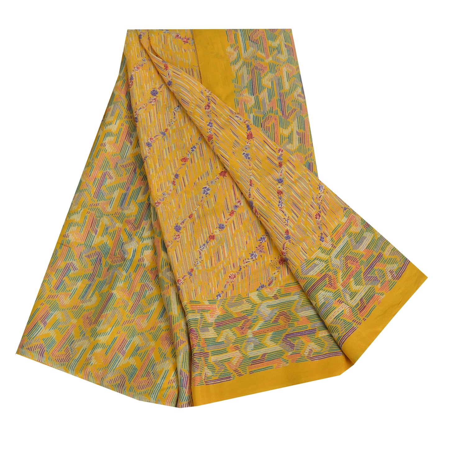 Sanskriti Vintage Sarees Yellow Indian Pure Silk Printed Sari 5yd Craft Sustainable Fabric