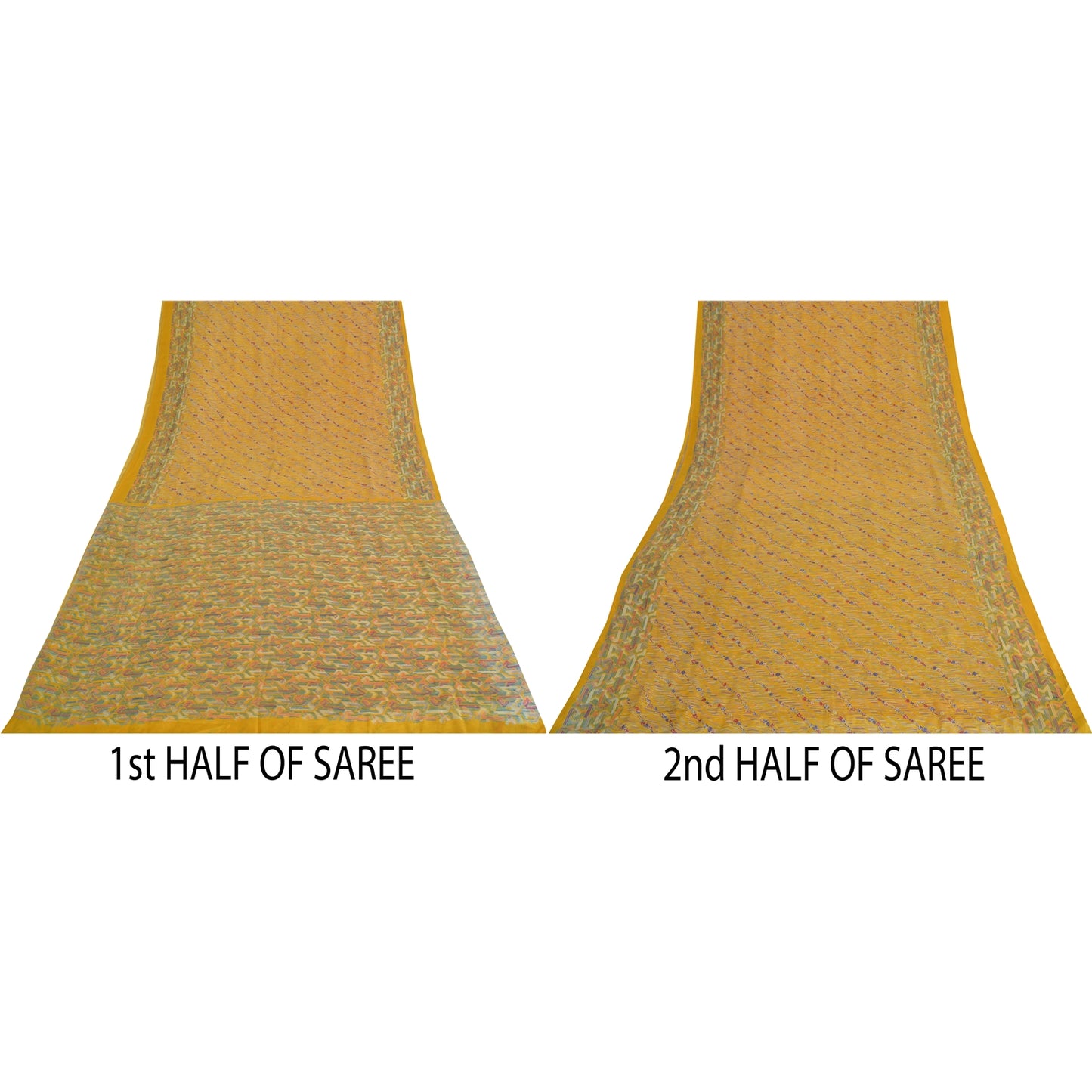 Sanskriti Vintage Sarees Yellow Indian Pure Silk Printed Sari 5yd Craft Sustainable Fabric