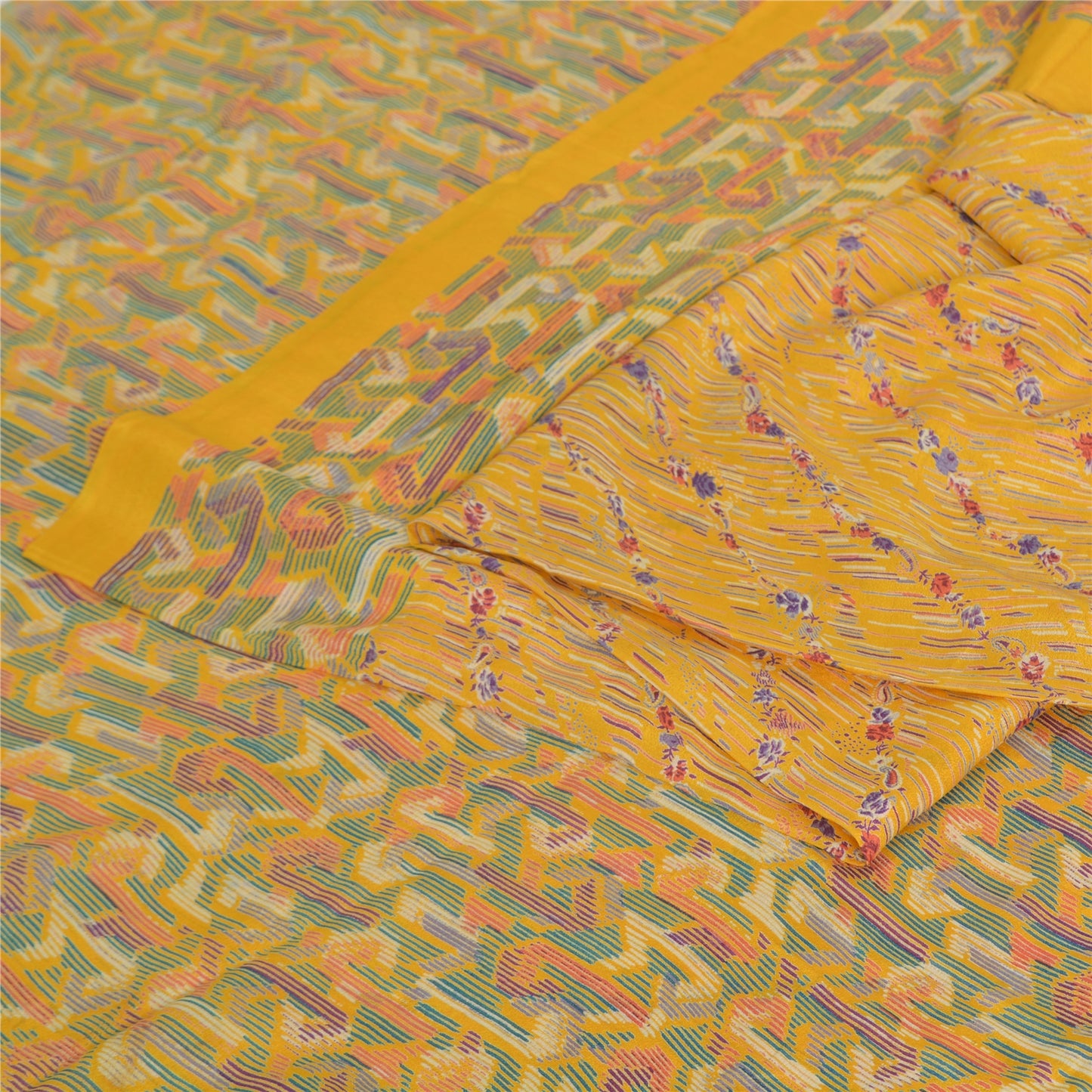 Sanskriti Vintage Sarees Yellow Indian Pure Silk Printed Sari 5yd Craft Sustainable Fabric