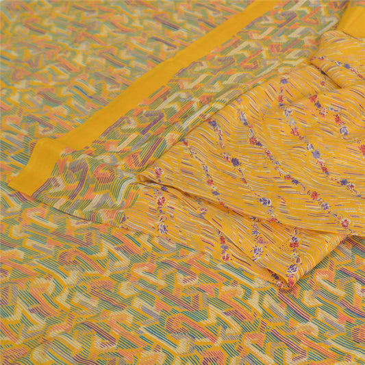 Sanskriti Vintage Sarees Yellow Indian Pure Silk Printed Sari 5yd Craft Sustainable Fabric