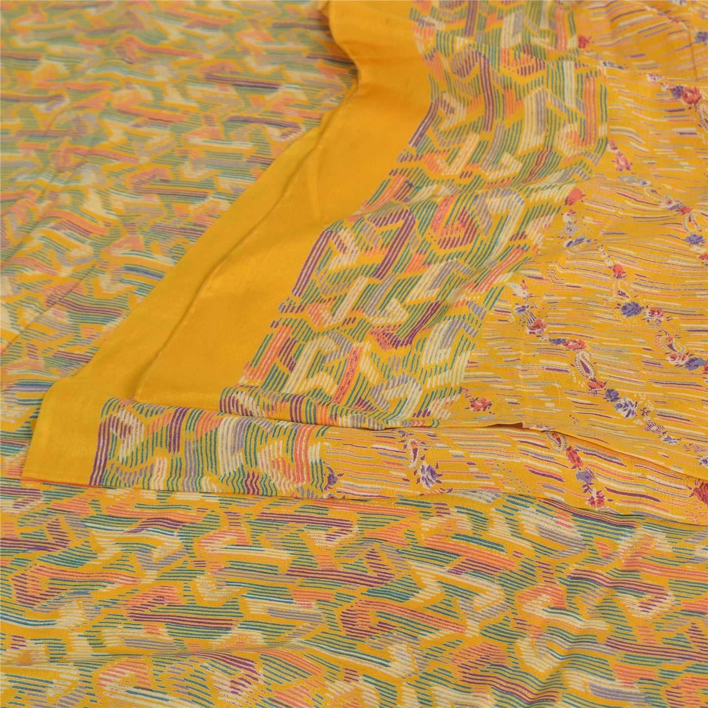 Sanskriti Vintage Sarees Yellow Indian Pure Silk Printed Sari 5yd Craft Sustainable Fabric