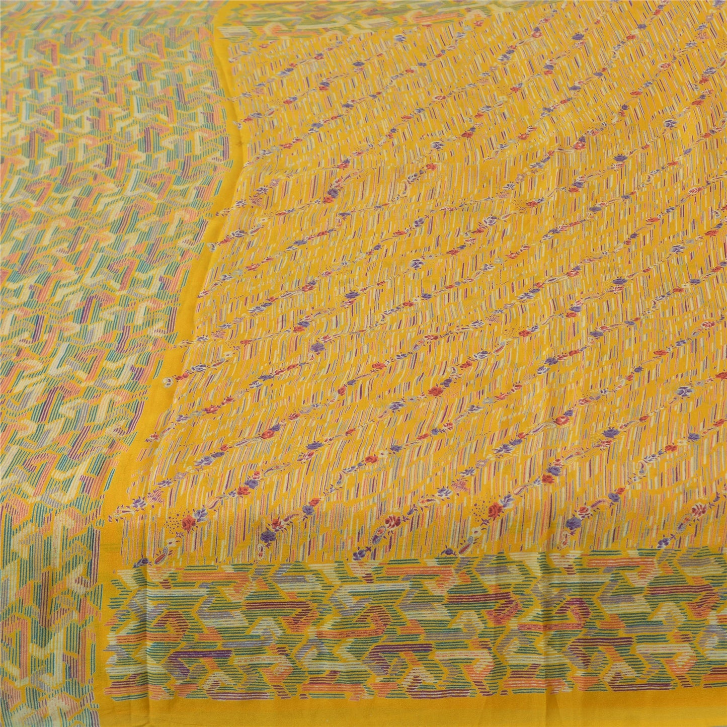 Sanskriti Vintage Sarees Yellow Indian Pure Silk Printed Sari 5yd Craft Sustainable Fabric