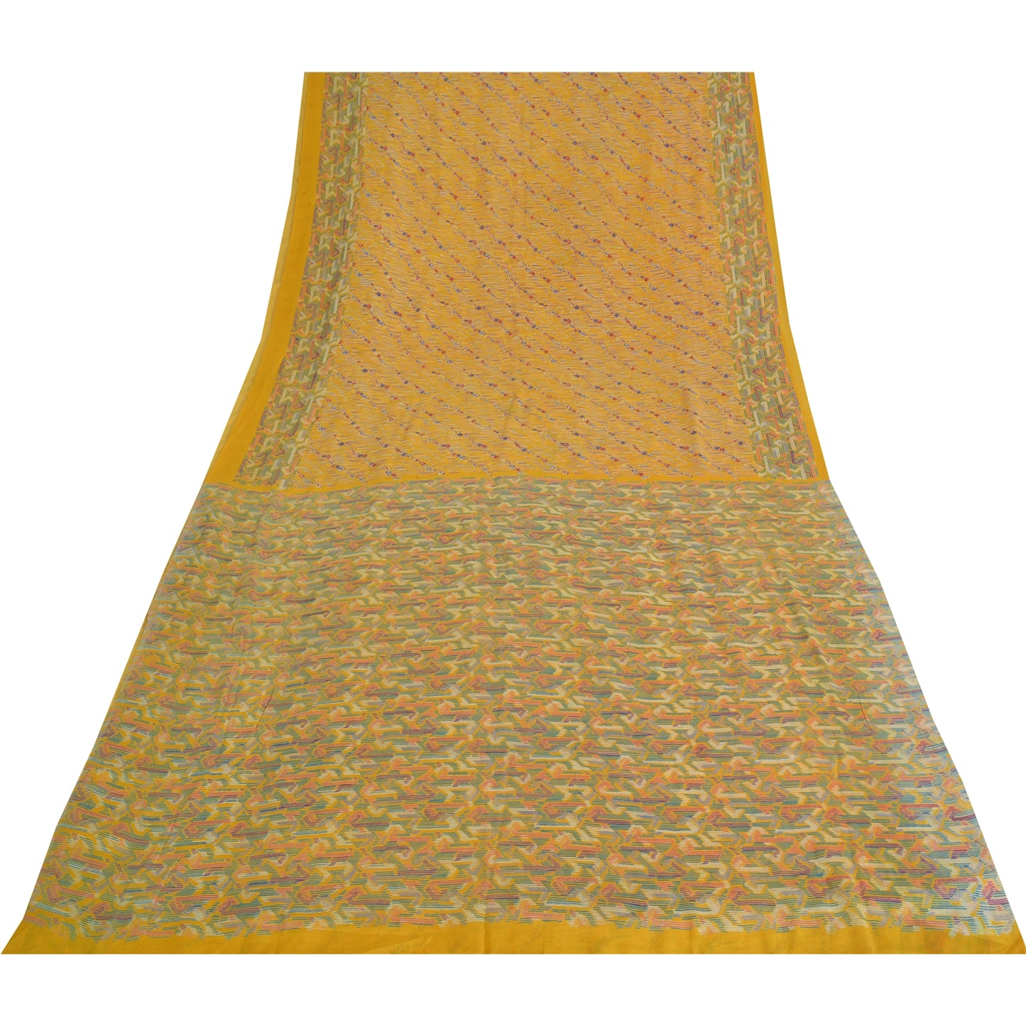 Sanskriti Vintage Sarees Yellow Indian Pure Silk Printed Sari 5yd Craft Sustainable Fabric