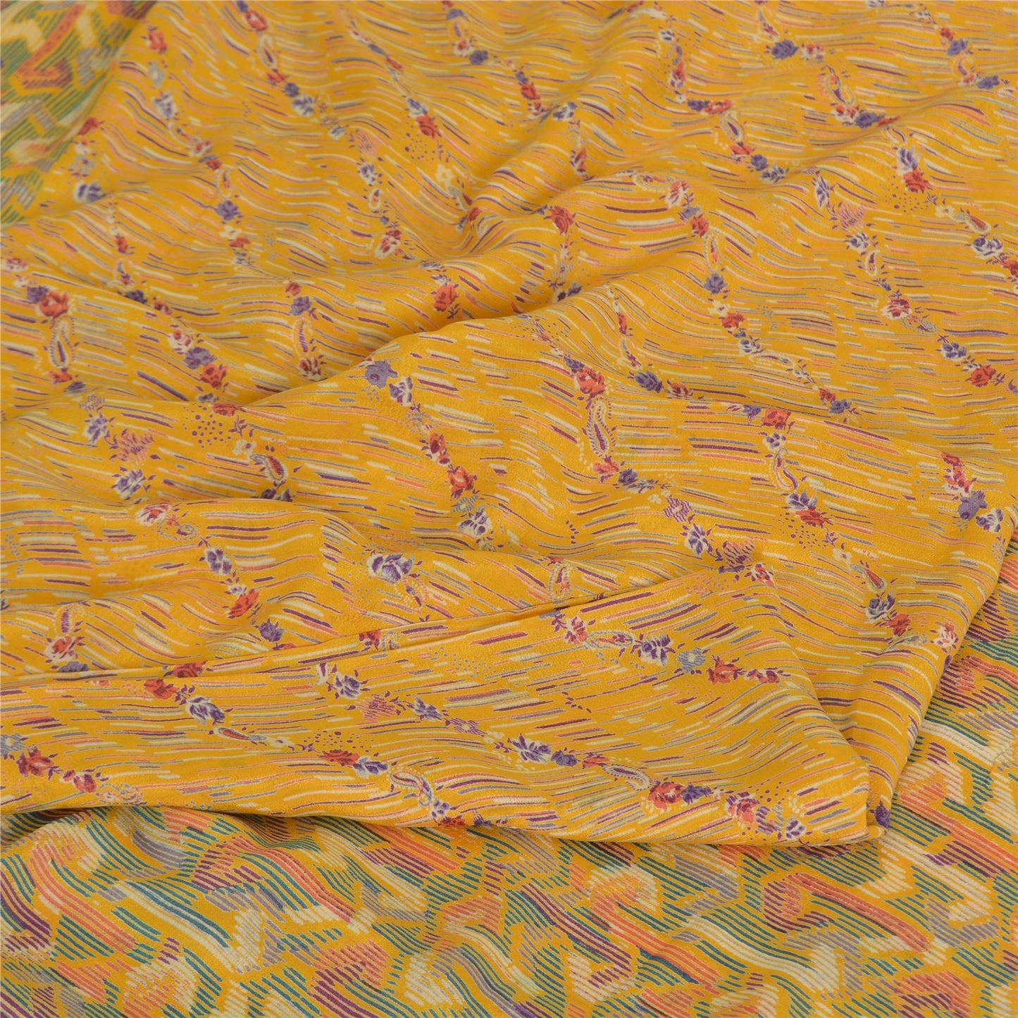 Sanskriti Vintage Sarees Yellow Indian Pure Silk Printed Sari 5yd Craft Sustainable Fabric