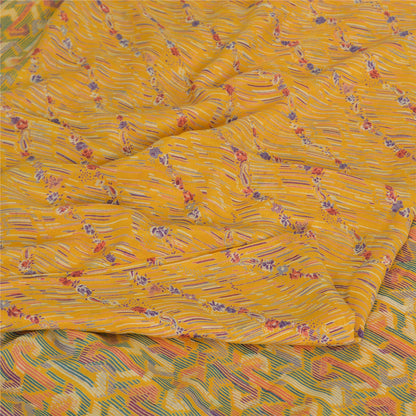 Sanskriti Vintage Sarees Yellow Indian Pure Silk Printed Sari 5yd Craft Sustainable Fabric