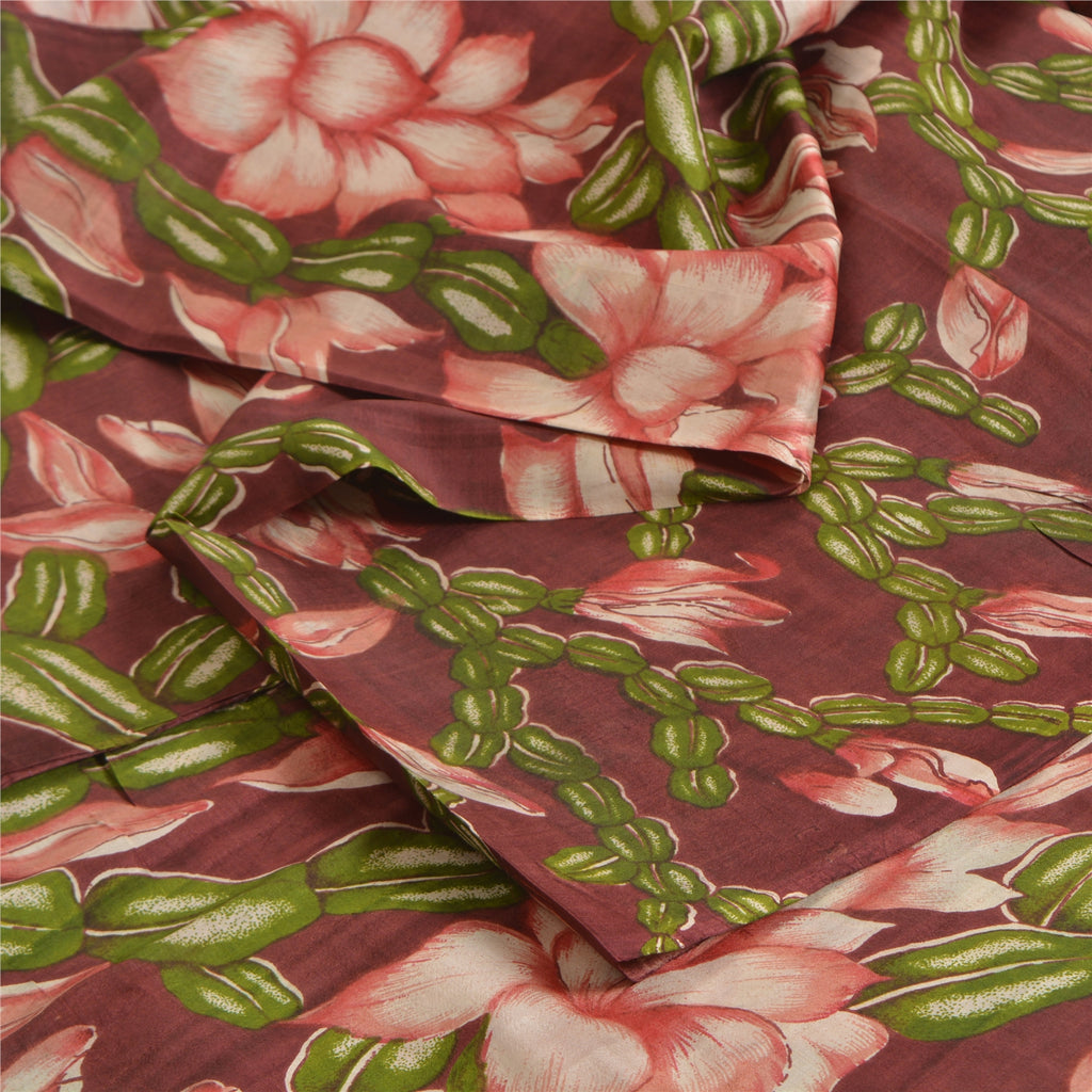 Sanskriti Vintage Sarees Indian Dark Red Pure Silk Printed Sari 5yd Craft Sustainable Fabric