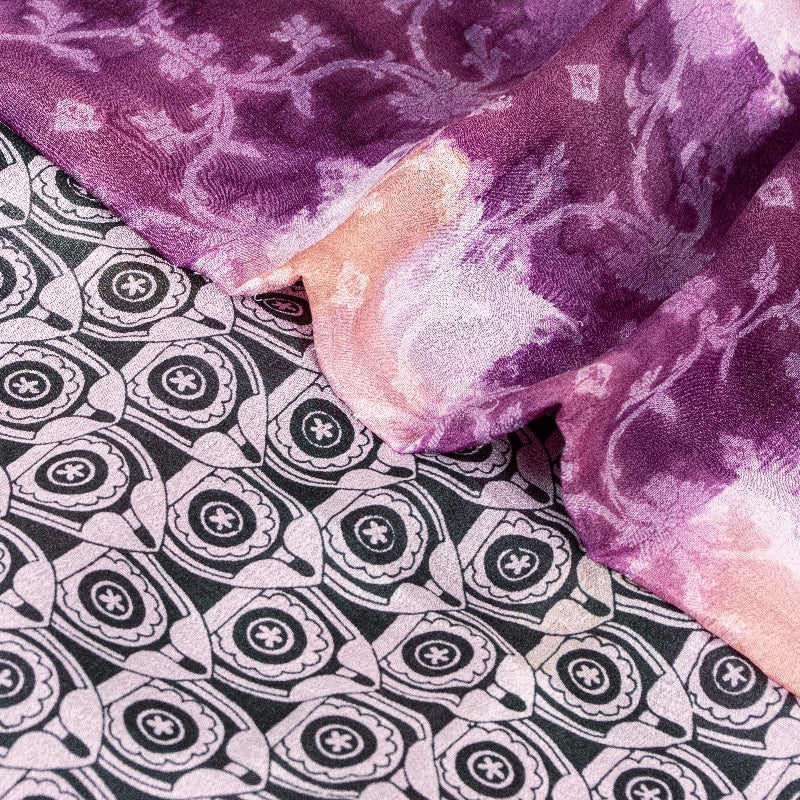 Sanskriti Vintage Saree Purple & Gray 100% Pure Silk 5.50 Yd Floral Craft Fabric Printed 5Yd Sarees, Upcycled Sarongs, Scarves, or Stoles