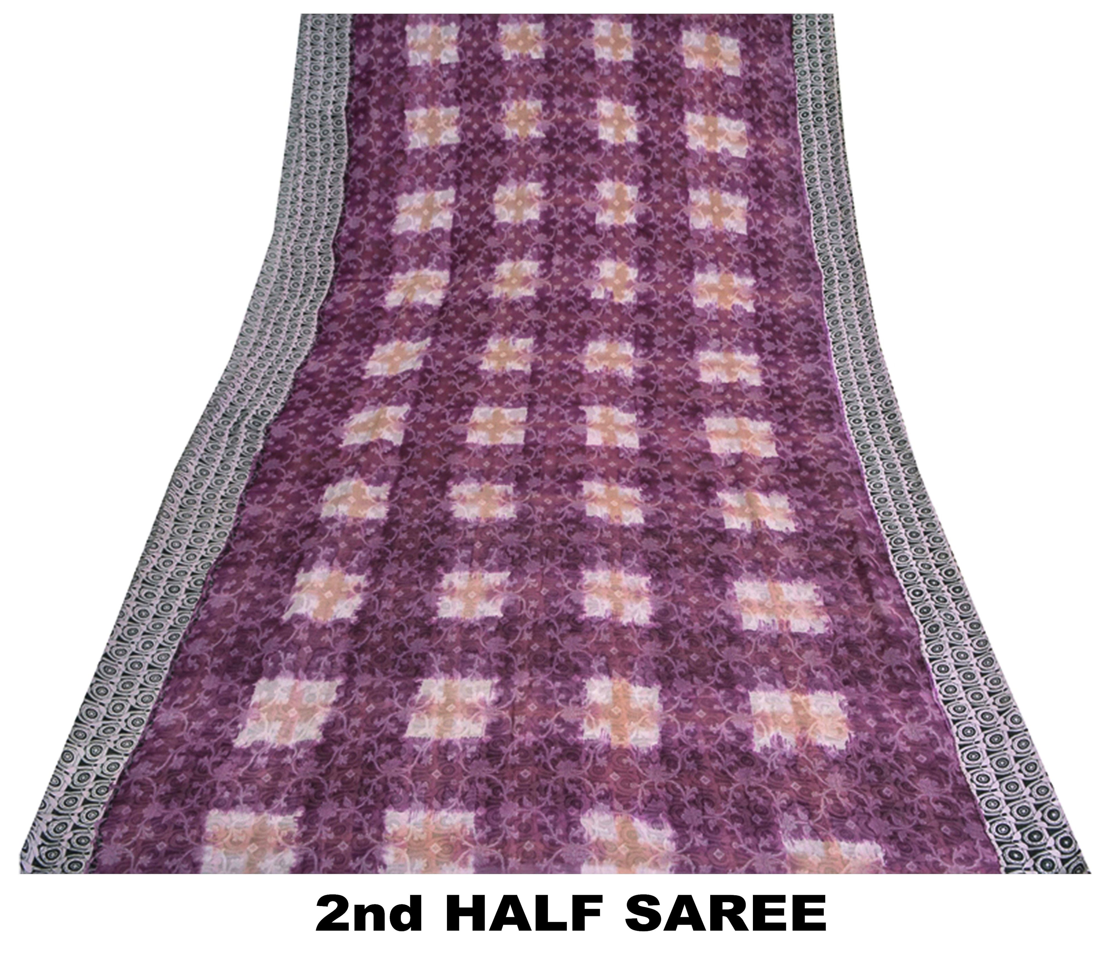 Sanskriti Vintage Saree Purple & Gray 100% Pure Silk 5.50 Yd Floral Craft Fabric Printed 5Yd Sarees, Upcycled Sarongs, Scarves, or Stoles
