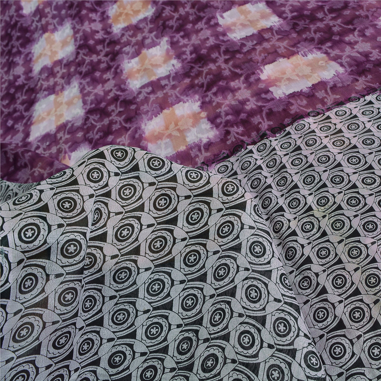 Sanskriti Vintage Saree Purple & Gray 100% Pure Silk 5.50 Yd Floral Craft Fabric Printed 5Yd Sarees, Upcycled Sarongs, Scarves, or Stoles