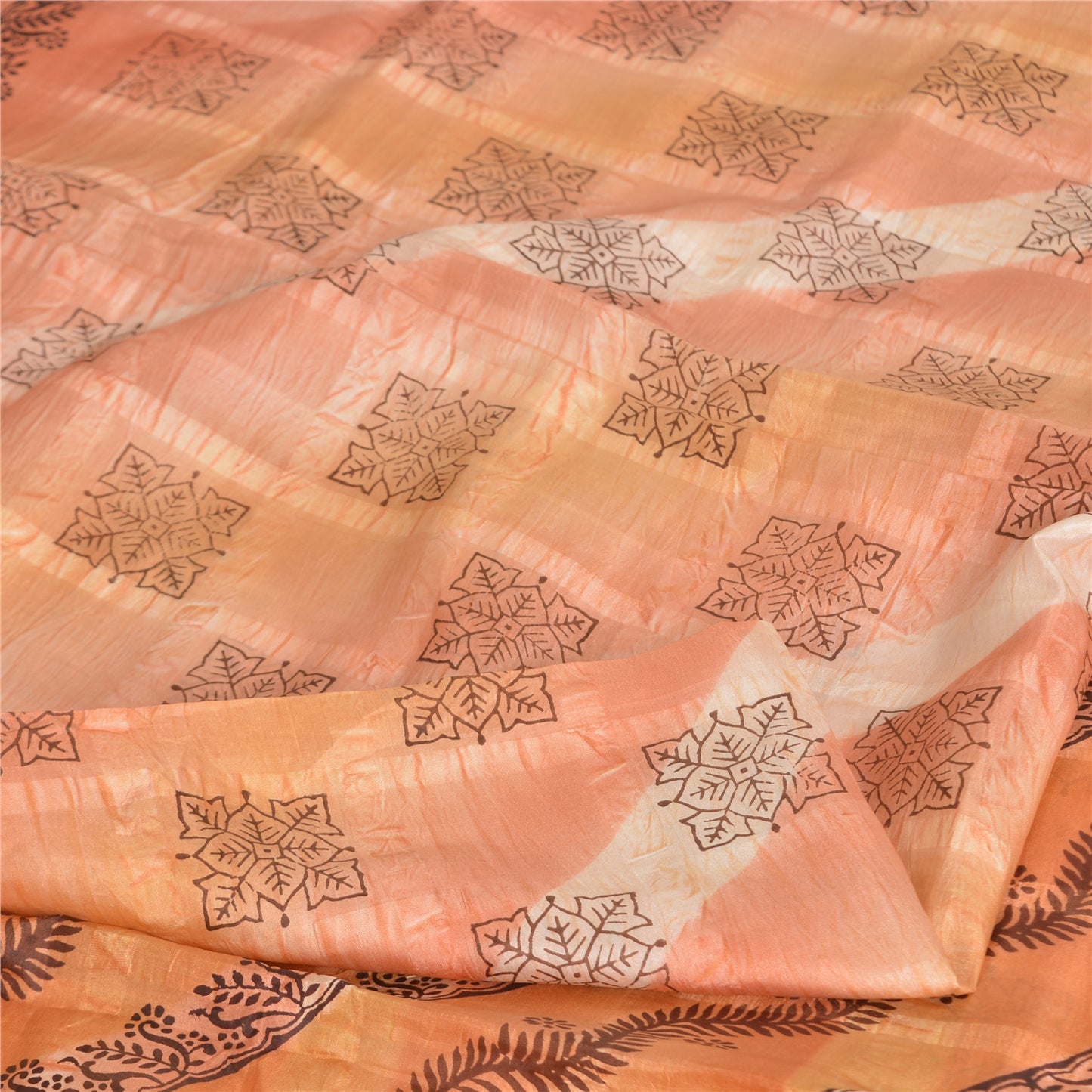 Sanskriti Vintage Sarees Indian Peach Pure Silk Printed Sari 5yd Craft Sustainable Fabric