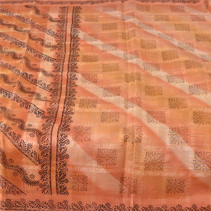 Sanskriti Vintage Sarees Indian Peach Pure Silk Printed Sari 5yd Craft Sustainable Fabric