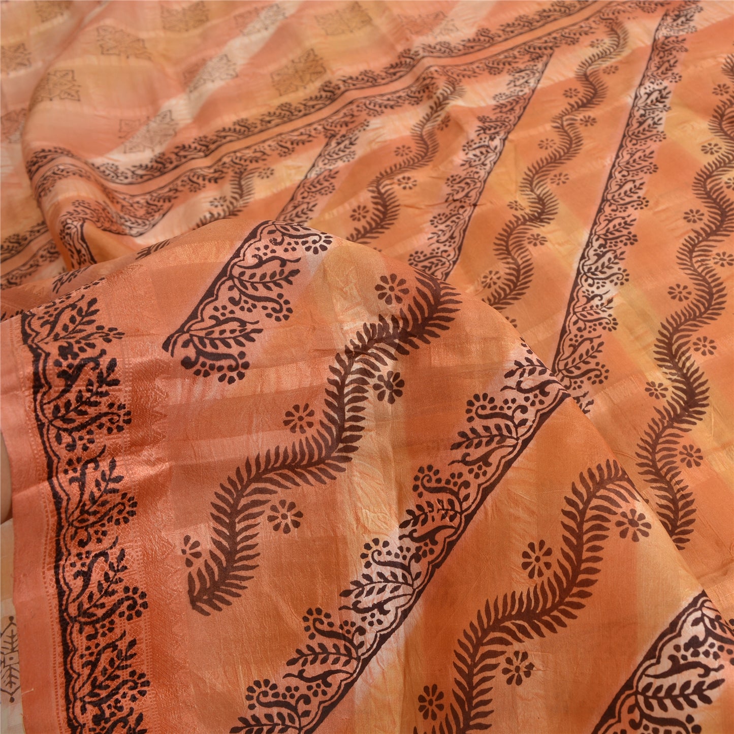 Sanskriti Vintage Sarees Indian Peach Pure Silk Printed Sari 5yd Craft Sustainable Fabric