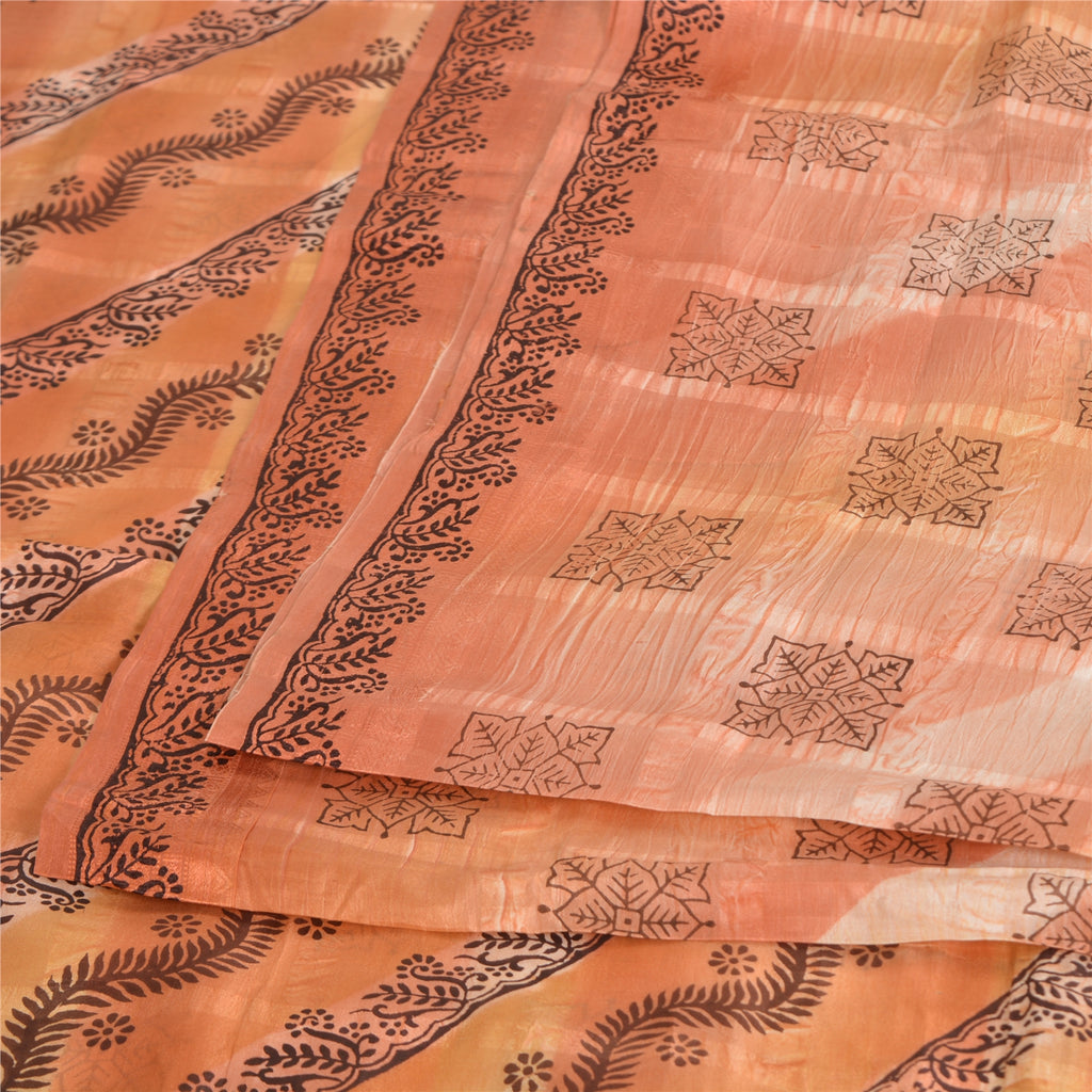 Sanskriti Vintage Sarees Indian Peach Pure Silk Printed Sari 5yd Craft Sustainable Fabric