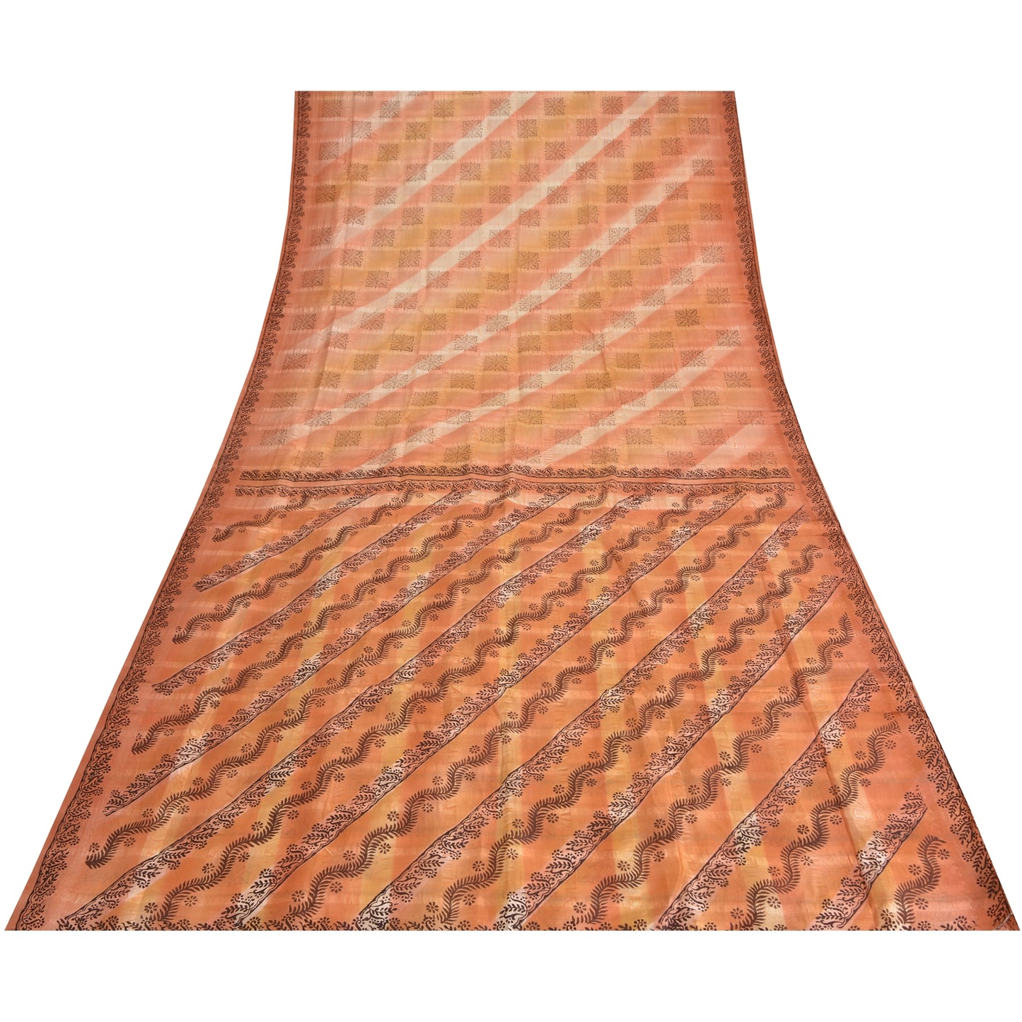 Sanskriti Vintage Sarees Indian Peach Pure Silk Printed Sari 5yd Craft Sustainable Fabric