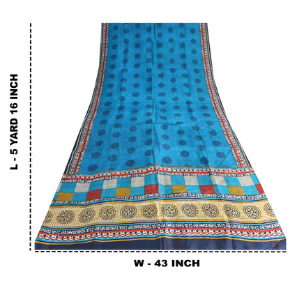 Sanskriti Vintage Sarees Blue Pure Silk Geometric Printed 5+YD Sari DIY Projects