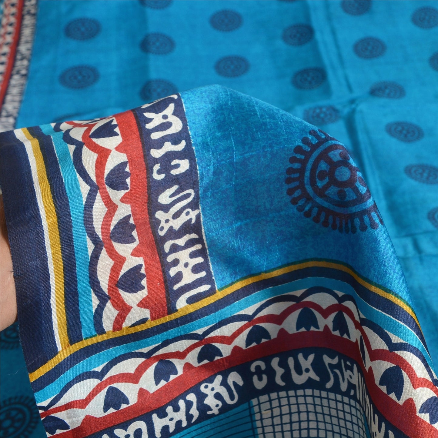 Sanskriti Vintage Sarees Blue Pure Silk Geometric Printed 5+YD Sari DIY Projects