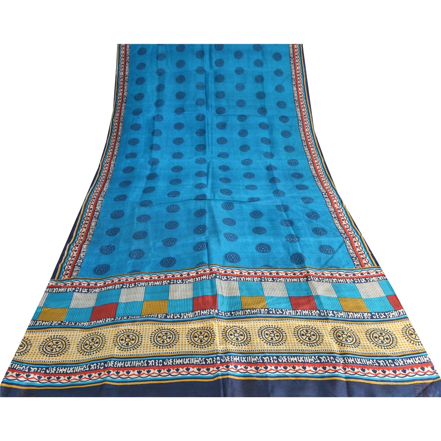 Sanskriti Vintage Sarees Blue Pure Silk Geometric Printed 5+YD Sari DIY Projects