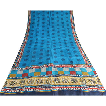 Sanskriti Vintage Sarees Blue Pure Silk Geometric Printed 5+YD Sari DIY Projects