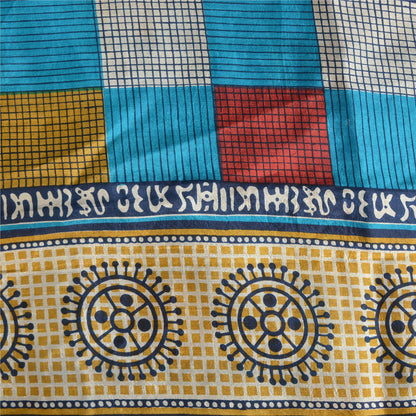 Sanskriti Vintage Sarees Blue Pure Silk Geometric Printed 5+YD Sari DIY Projects