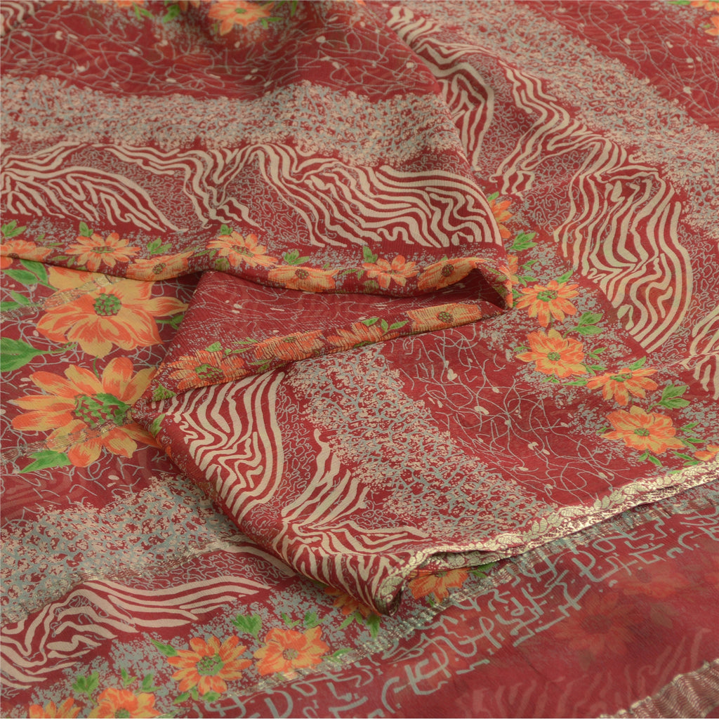 Санскритские винтажные сари из Индии, красное чистое шелковое сари с принтом, 5 ярдов, ремесленная устойчивая ткань