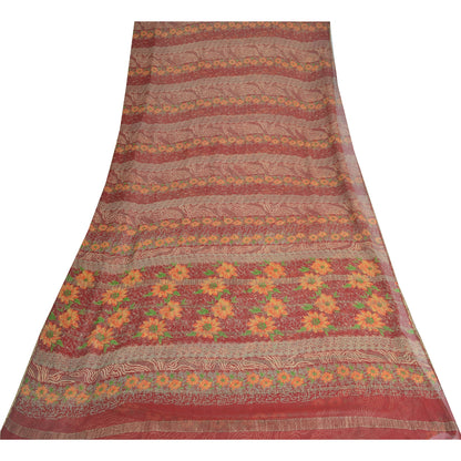 Санскритские винтажные сари из Индии, красное чистое шелковое сари с принтом, 5 ярдов, ремесленная устойчивая ткань