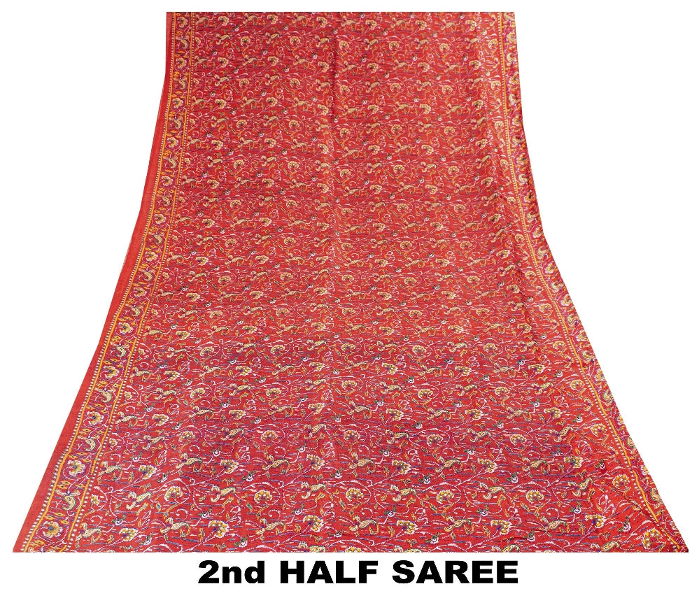 Sanskriti Vintage Sarees Red/Purple Pure Silk Printed Sari Floral Craft Sustainable Fabric