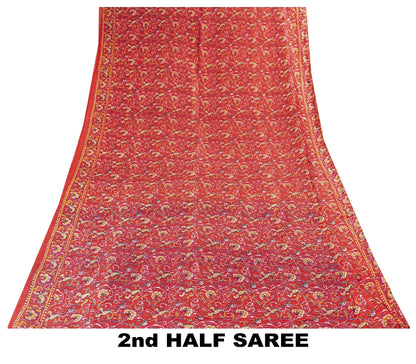 Sanskriti Vintage Sarees Red/Purple Pure Silk Printed Sari Floral Craft Sustainable Fabric