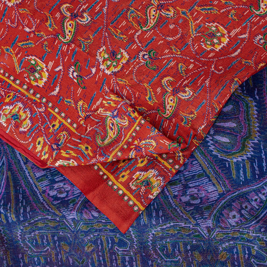 Sanskriti Vintage Sarees Red/Purple Pure Silk Printed Sari Floral Craft Sustainable Fabric