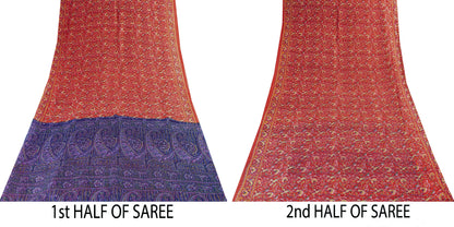 Sanskriti Vintage Sarees Red/Purple Pure Silk Printed Sari Floral Craft Sustainable Fabric