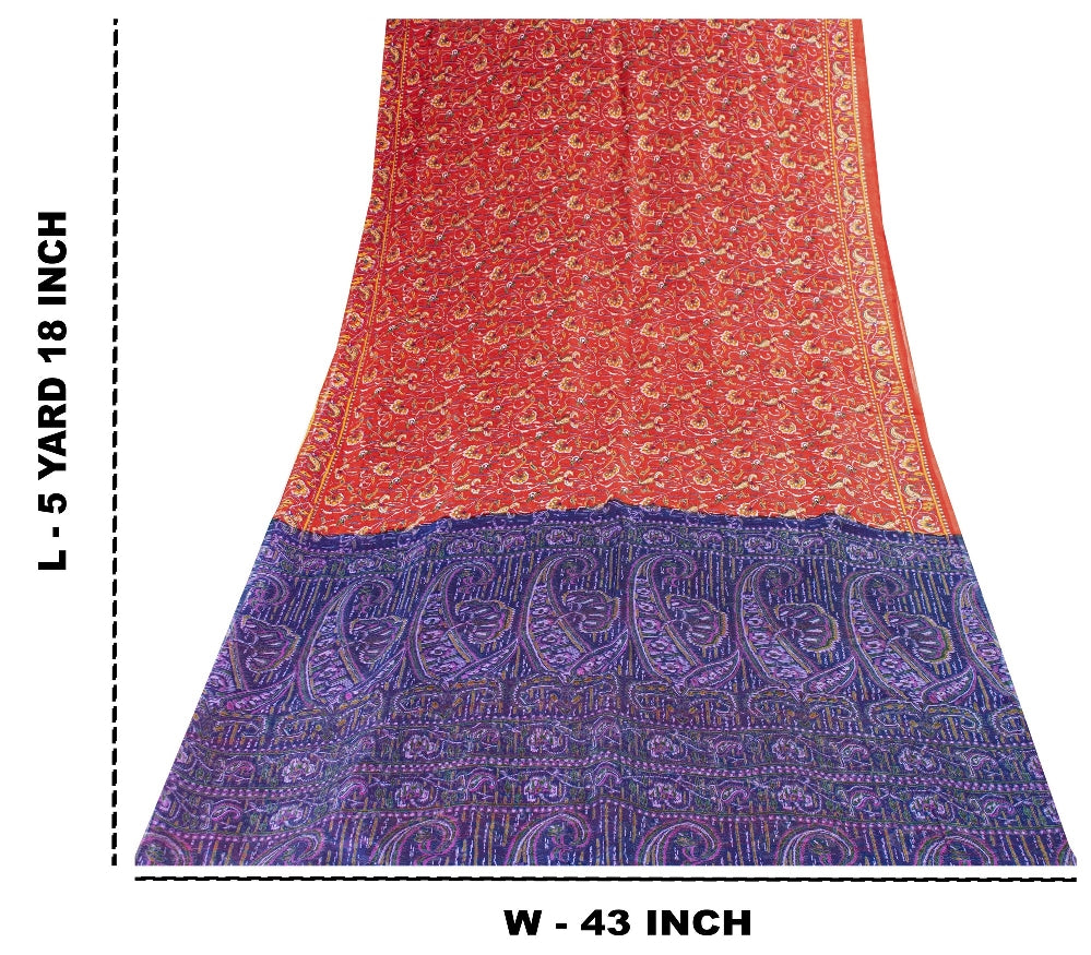 Sanskriti Vintage Sarees Red/Purple Pure Silk Printed Sari Floral Craft Sustainable Fabric
