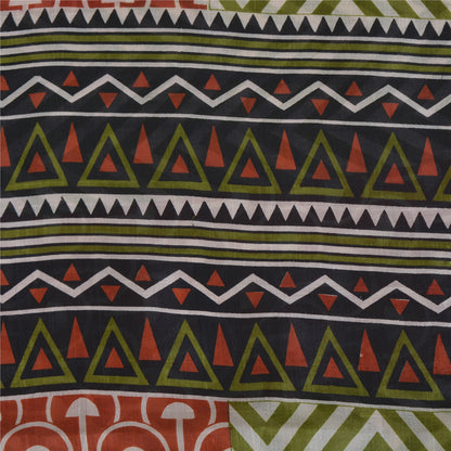 Sanskriti Vintage Sarees Green/Red Pure Silk Geometric Printed Sari Craft Sustainable Fabric