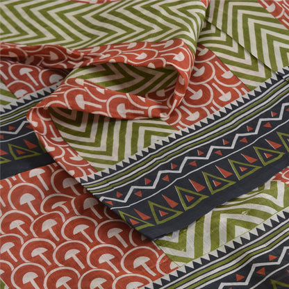 Sanskriti Vintage Sarees Green/Red Pure Silk Geometric Printed Sari Craft Sustainable Fabric