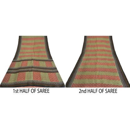 Sanskriti Vintage Sarees Green/Red Pure Silk Geometric Printed Sari Craft Sustainable Fabric