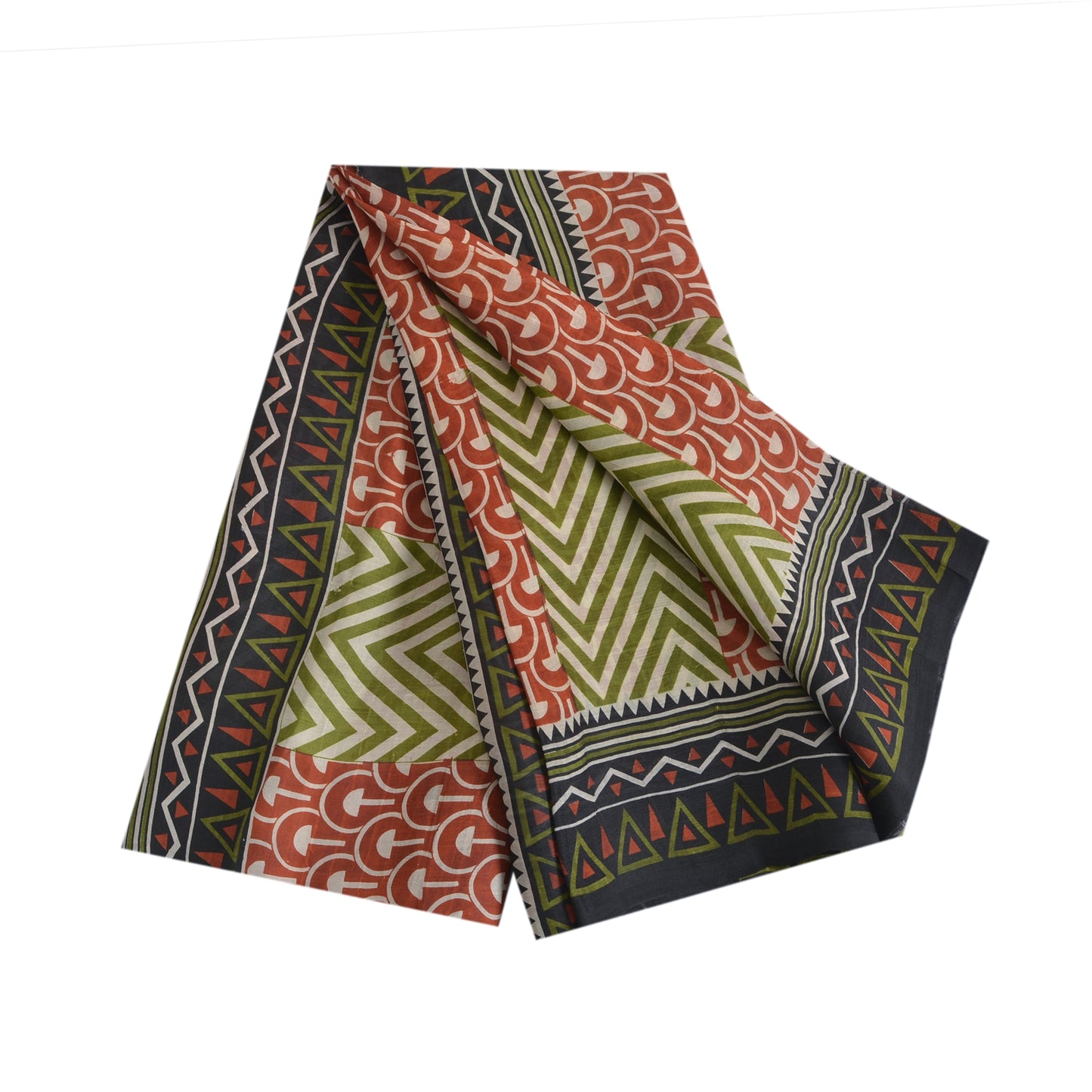 Sanskriti Vintage Sarees Green/Red Pure Silk Geometric Printed Sari Craft Sustainable Fabric