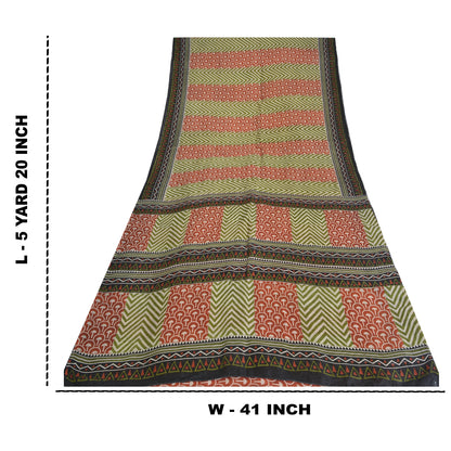 Sanskriti Vintage Sarees Green/Red Pure Silk Geometric Printed Sari Craft Sustainable Fabric