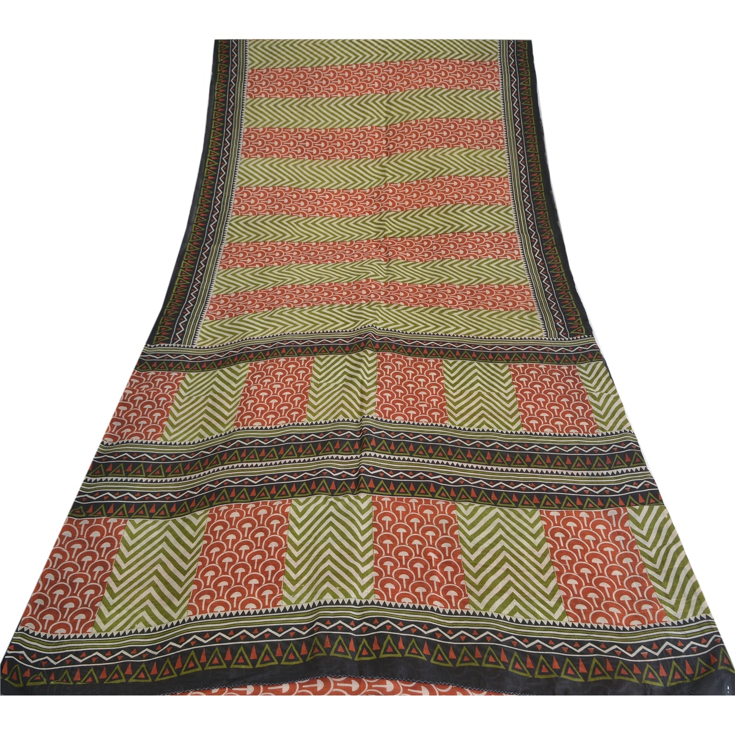Sanskriti Vintage Sarees Green/Red Pure Silk Geometric Printed Sari Craft Sustainable Fabric