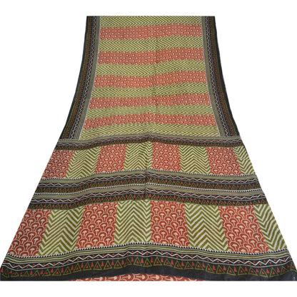 Sanskriti Vintage Sarees Green/Red Pure Silk Geometric Printed Sari Craft Sustainable Fabric
